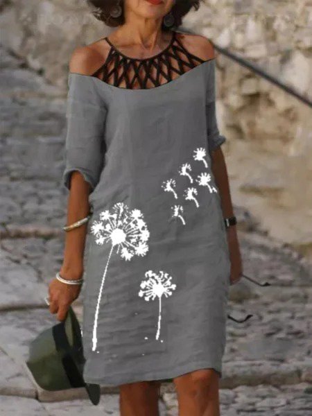 

Vintage Floral Printed Statement Plus Size Short Sleeves Cutout Casual Dresses, Gray 2, Dresses