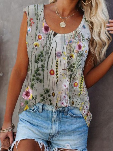 

Girocollo Vacanza Misto Cotone Top, Bianco, Tank Top
