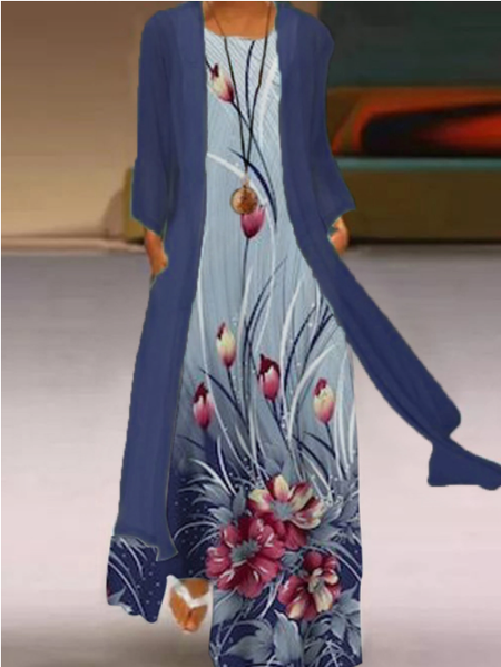 

Casual Crew Neck Long Sleeve Cotton Dresses, As picture, Maxi Dresses