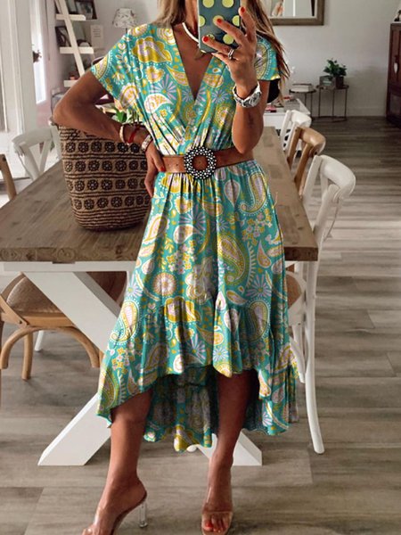 

Summer Paisley Print Irregular Pendulum Holiday Short Sleeve V Neck Weaving Dress, Green, Boho dresses