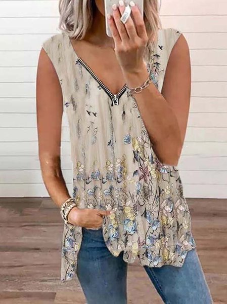 

Scollo a V senza maniche Stampato Floreale Casuale Top, Cachi, Blouses & Shirts