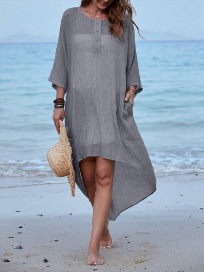 

Plain 3/4 Sleeve Crew Neck Linen Dresses, Gray, Elegant Dresses