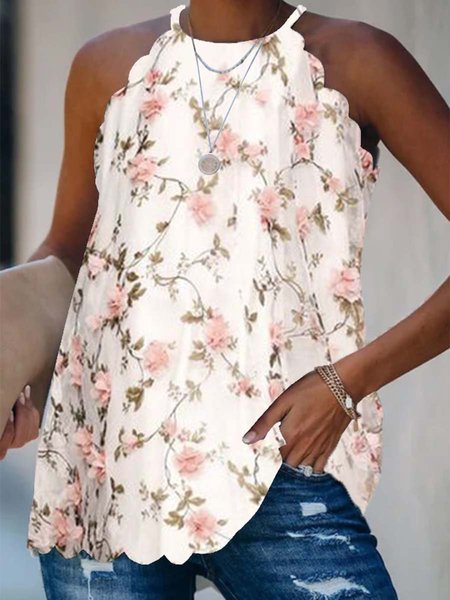 

Floral Sleeveless Printed Polyester HalterCold Shoulder Sexy Summer Beige Top, Auto-Clearance