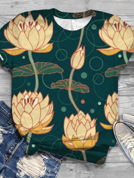 Floral Printing Women's T-Shirt, Dark green, T-shirts