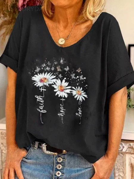 

Floreale Maniche Corte Scollo a V Camicie & Top, Nero, Blouses & Shirts