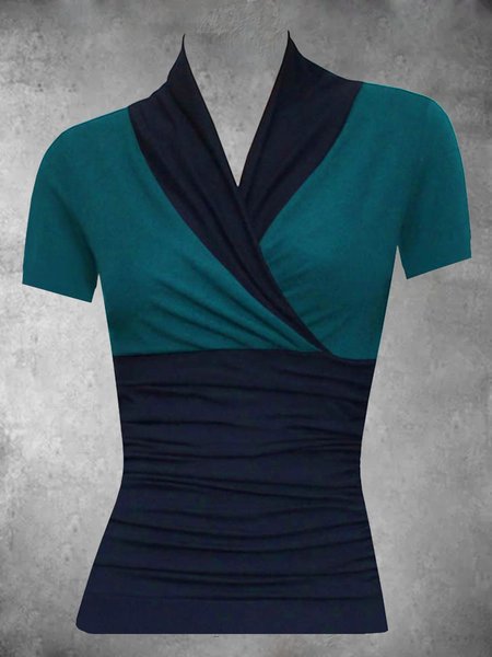 

Casual Short Sleeve V Neck Plus Size Tops, Blue, Auto-Clearance