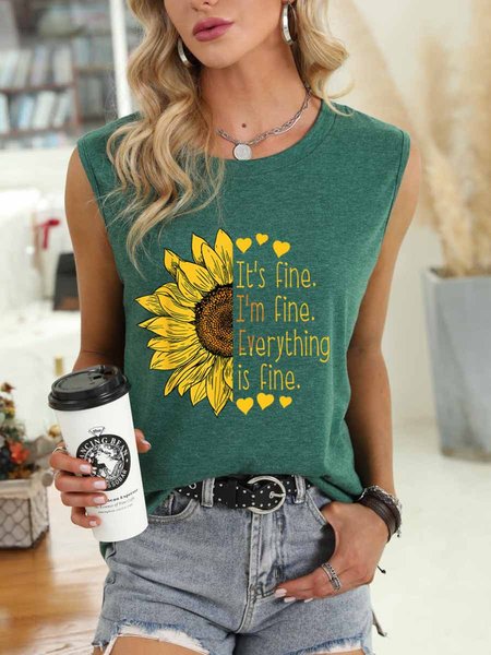 

Women's I Am Fine Sunflower Graphic Tee, Dark green, Tank Tops