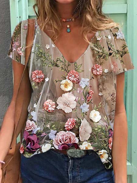 

Stampato Maniche Corte Misto Cotone Casuale Top, Multicolore, Blouses & Shirts