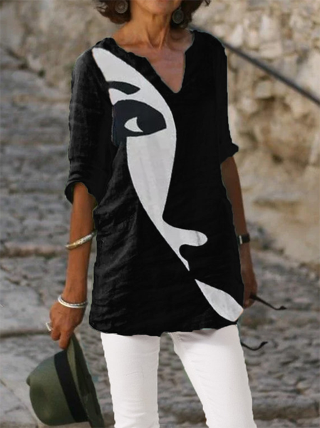 

Mezza Manica Stampato Casuale Misto Cotone Top, Nero, Blouses & Shirts
