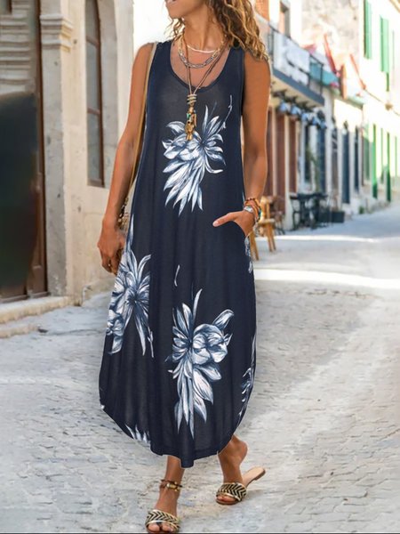 

Abito Bozzolo Stampato Floreale Vacanza senza maniche, Blu scuro, Dresses