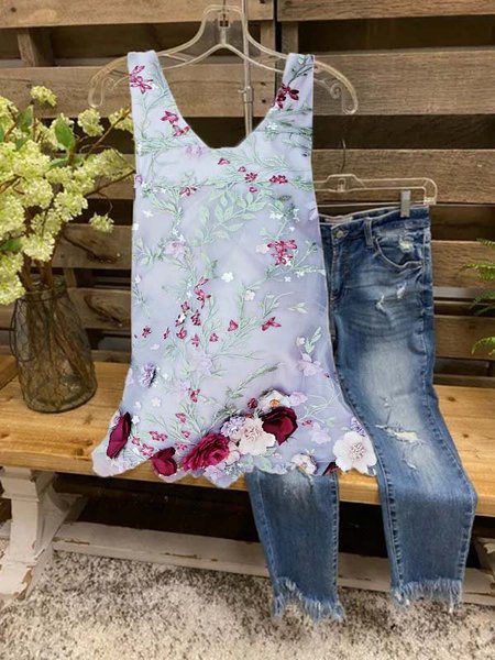 

Floral-print Sleeveless Crew Neck Casual Shirts & Tops, Multicolor, Blouses & Shirts