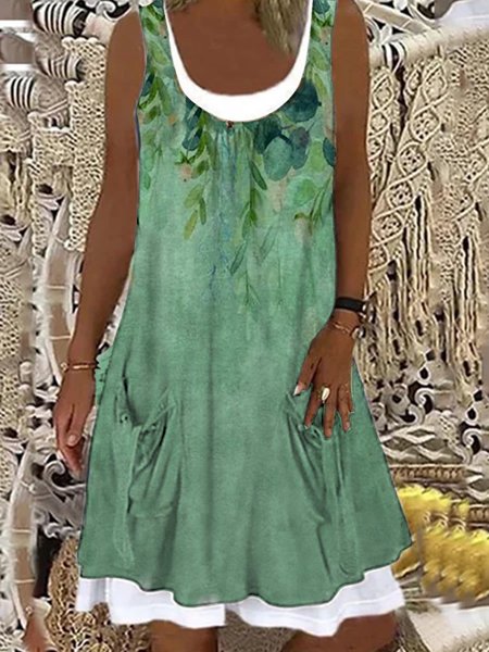 

Abito Casuale senza maniche Stampato Floreale A-line, Verde, Dresses