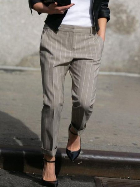 

Vintage a Righe Tasche Casuale Pantaloni, Grigio, Bottoms