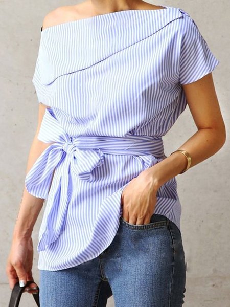 

strisce Lavoro Spalla Nuda Superiore, Blu, Blouses & Shirts