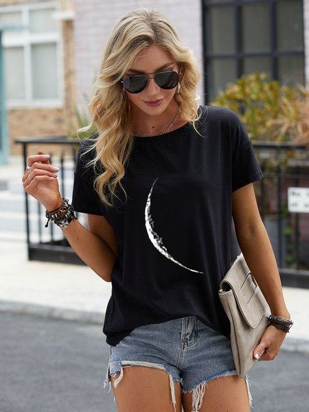 

Moon Crew Neck Cotton-Blend Women Tee, Black, T-shirts