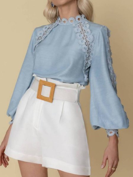 

Stand Collar Shift Vintage Long Sleeve Blouse, Blue, Blouses and Shirts