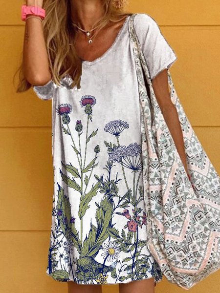 

Abito Maniche Corte Floreale Misto Cotone, Bianco, Dresses