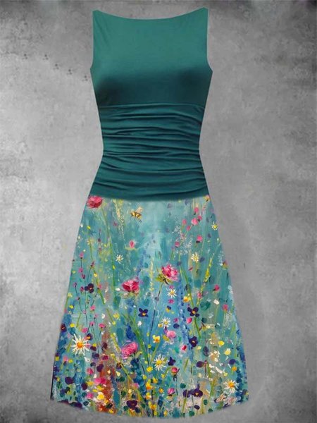 

Vintage Stampato senza maniche Abito, Verde, Dresses