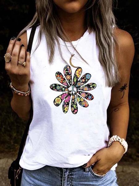 

Floral-Print Cotton-Blend Casual Crew Neck Tops, White, Tank Tops & Camis