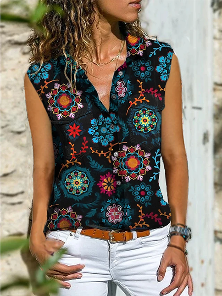 senza maniche Misto Cotone Stampato Casuale Top, Nero, Tank Top