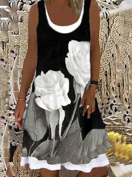 

Floreale Girocollo Gonna Casuale, Nero, Dresses