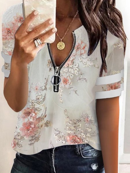 

Statement Dritto Maniche Corte Floreale Top, Bianco, Blouses & Shirts
