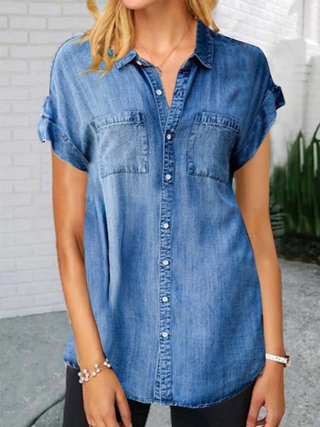 

Pockets Casual Denim Blouse, Blue, Blouses & Shirts