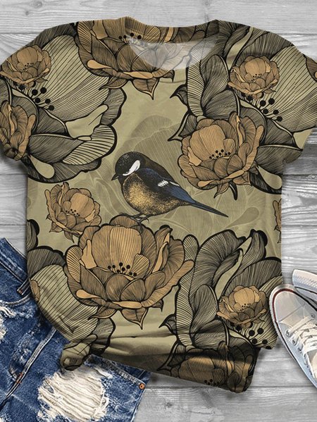 

Bird floral print crew neck T-shirt, Green, T-shirts