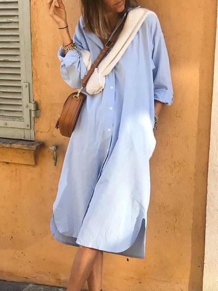 

Abito Dritto Colletto a Camicia Vintage Maniche Lunghe, Azzurro, Summer dresses