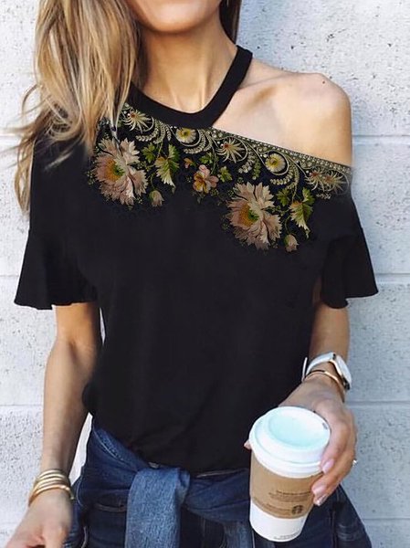

Casuale Spalla Nuda Dritto Misto Cotone Top, Nero, Blouses & Shirts
