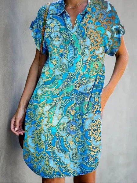 

Vintage Bohemian hippie Colletto a Camicia Dritto Maniche Corte Gonna Casuale, Blu, Summer dresses