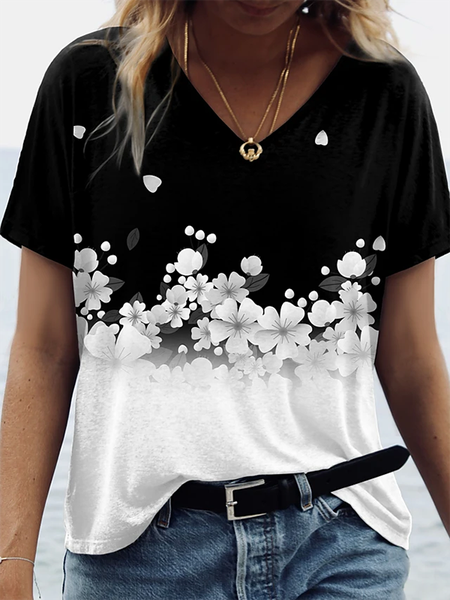 

Misto Cotone Maniche Corte Stampato Floreale Casuale Top, Nero, Blouses & Shirts