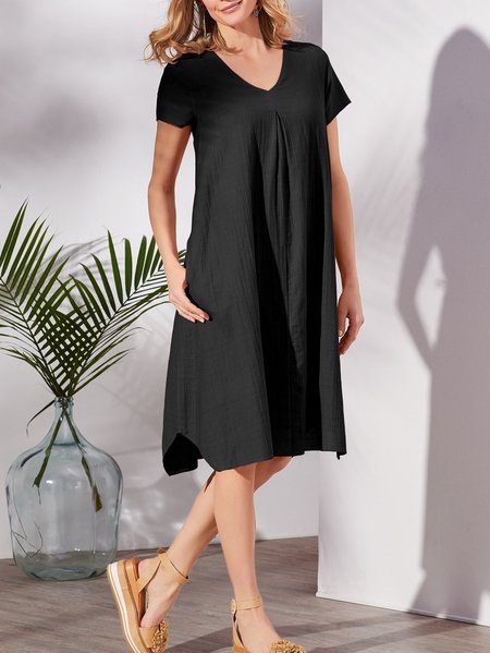 

V Neck Cotton-Blend Plain Holiday Weaving Dress, Black, Elegant Dresses