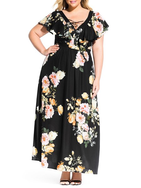 

Frill Sleeve V Neck Rose Holiday Maxi Weaving Dress, Black, Floral Dresses