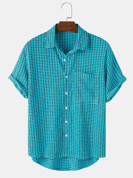 

Mens Grid Print Lapel High Low Short Sleeve Shirts With Pocket, Blue, Men's shirts