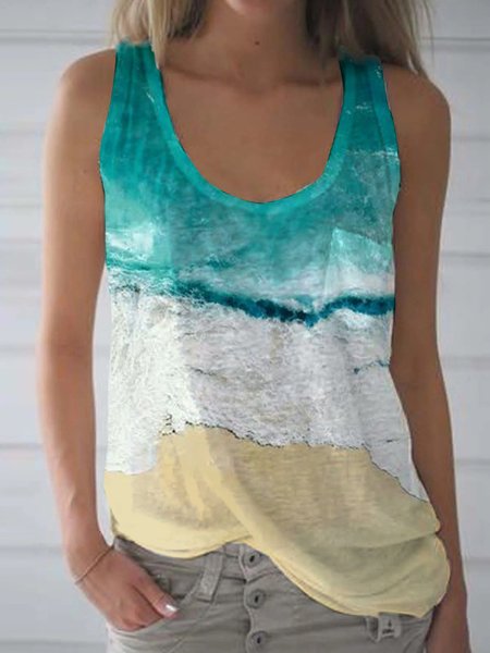 

Sleeveless Printed Round Neck T-shirt, Multicolor, T-Shirts