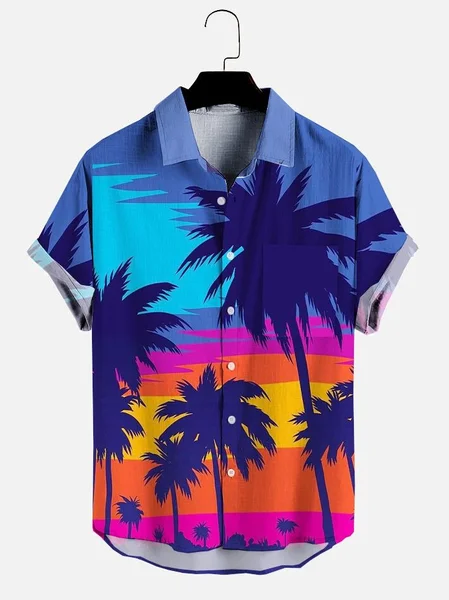 

Mens Coconut Tree Print Pocket Lapel Casual Loose Short Sleeve Hawaiian Shirt, Blue, Men's shirts