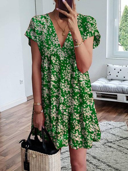 

Vacanza Scollo a V Misto Cotone Dritto Abito, Verde, Dresses