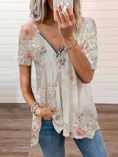 

Scollo a V A-line Maniche Corte Top, Albicocca, Blouses & Shirts