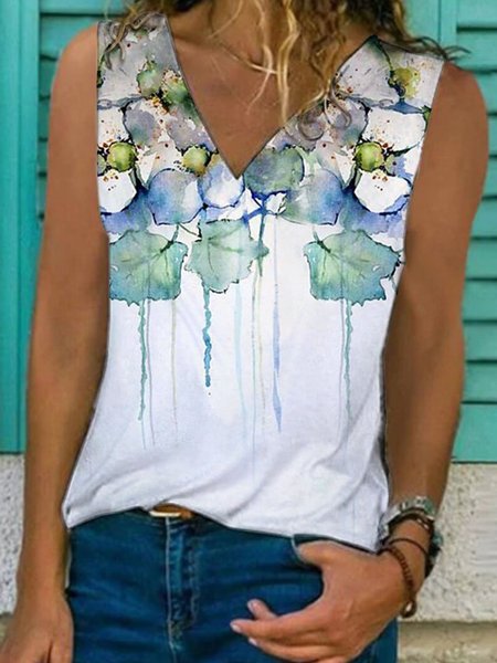 

Senza Maniche Misto Cotone Casuale Floreale Top, Bianco, Tops