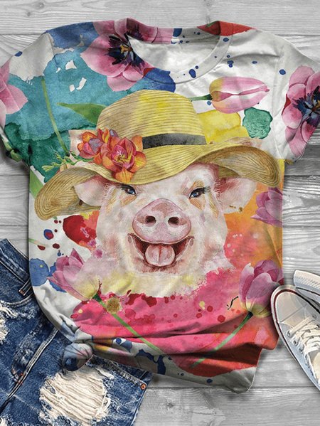 

Pig lovers floral print crew neck T-shirt, Blue, T-shirts