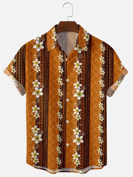 

Men's National Style Short Sleeve Casual Loose Shirt, Brown, Men's Tops