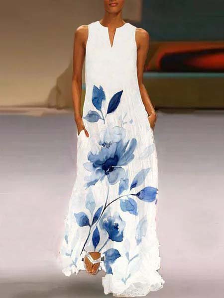

Sleeveless Shift Cotton-Blend Weaving Dress, As picture, Floral Dresses