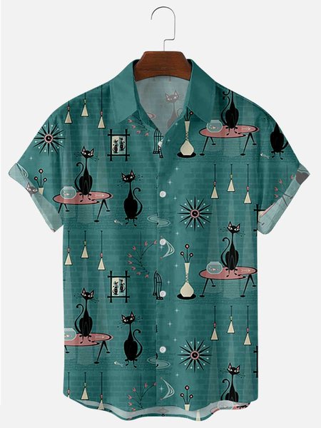 Men's 50's New Style Short Sleeve Casual Loose Shirt, Blue, Shirts