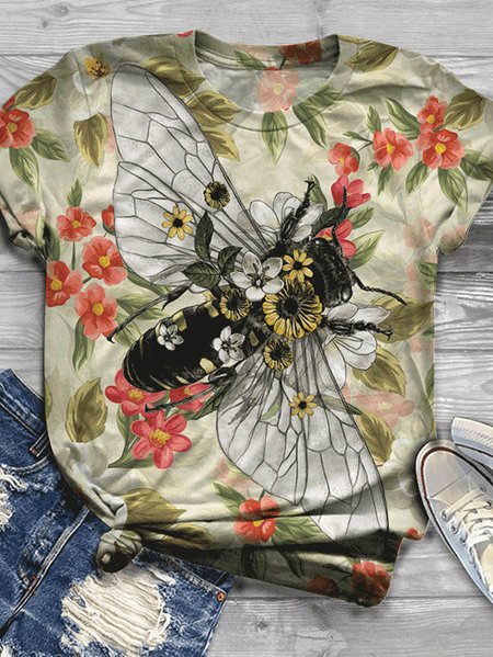 

Crew neck T-shirt with bee floral print, Multicolor, T-shirts
