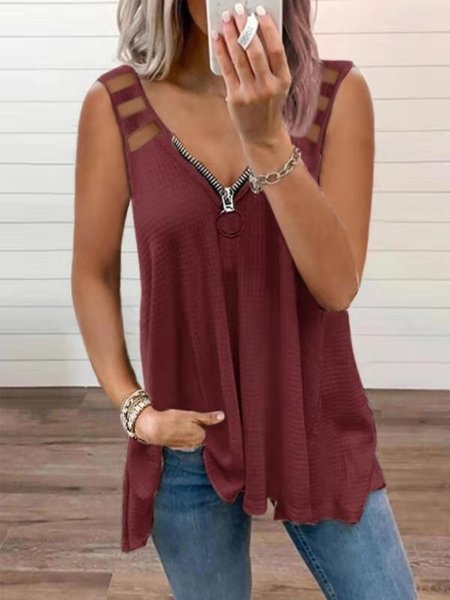 

Cutout Sleeveless V Neck Casual Tanks & Camis, Wine red, Tank Tops & Camis