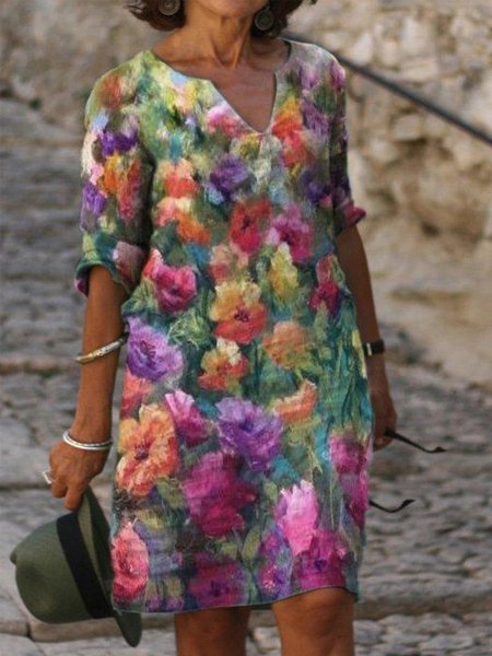 

Vintage Stampata Floreale Statement Mezza Manica Scollo a V Gonna Casuale, Viola, Dresses