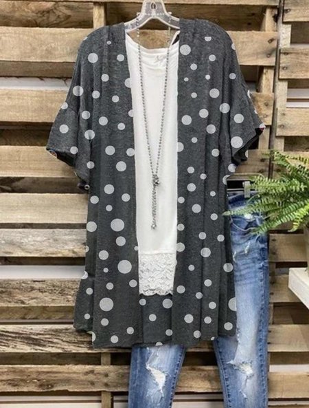 

Polka Dots Short Sleeve Printed Cotton-blend V neck Casual Summer Deep Gray Outwear, Outerwear