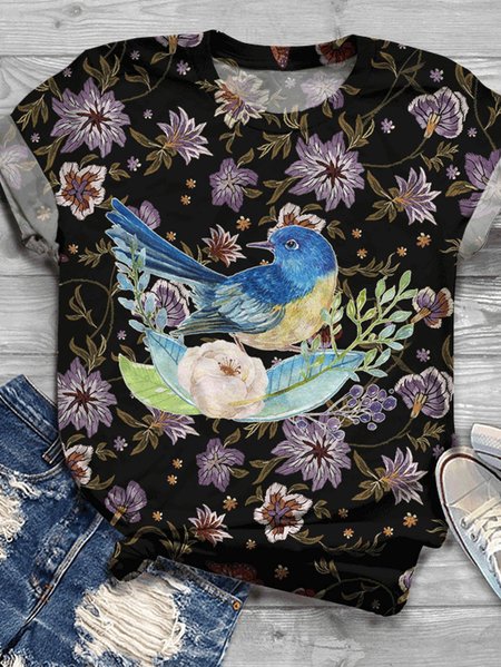 Bird floral print crew neck T-shirt, Black, T-shirts
