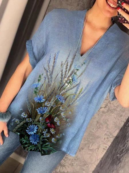 

Scollo a V Dritto Mezza Manica Misto Cotone Top, Blu, Blouses & Shirts